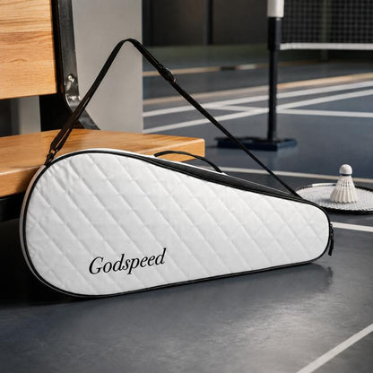 White quilted badminton racket bag with black trim and single shoulder strap