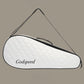 White oval badminton racket bag with black edge piping and carrying handle strap