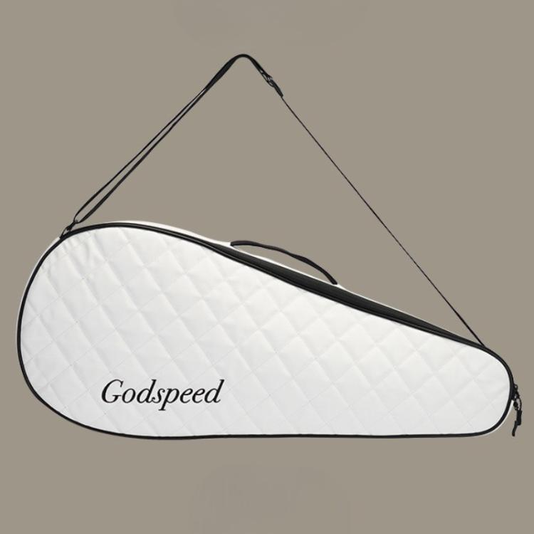 White oval badminton racket bag with black edge piping and carrying handle strap