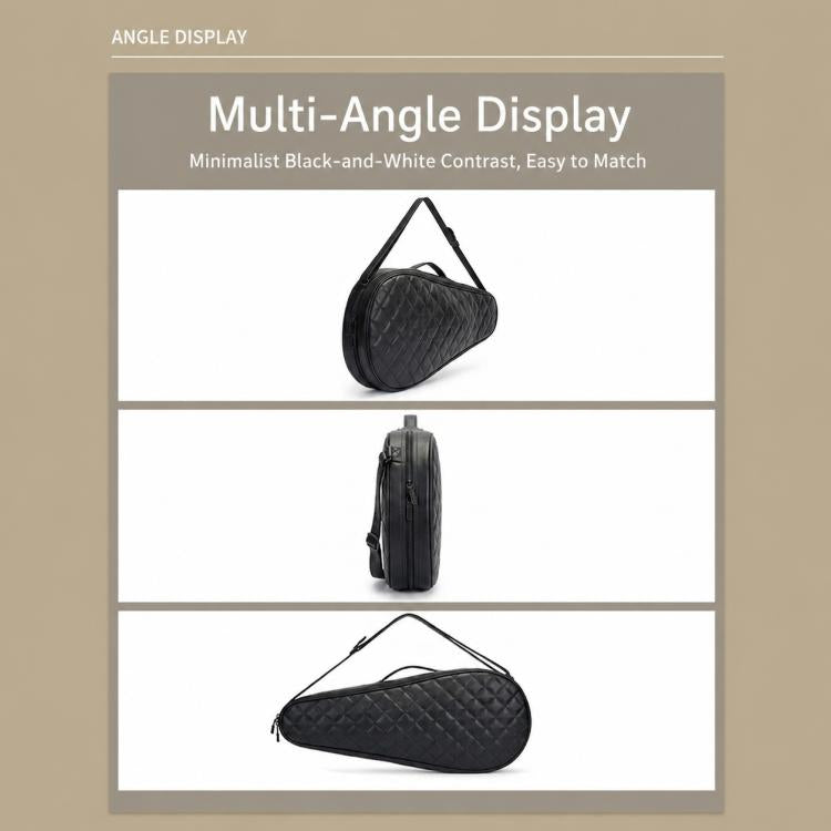 Black badminton racket bag displayed from multiple angles, with top handle and strap