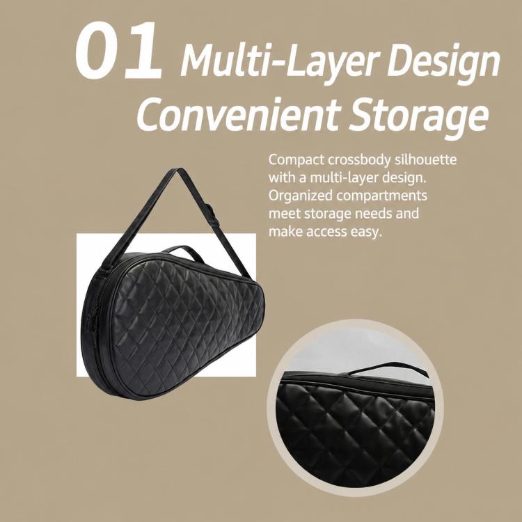 Compact black quilted badminton racket bag with top handle and convenient storage