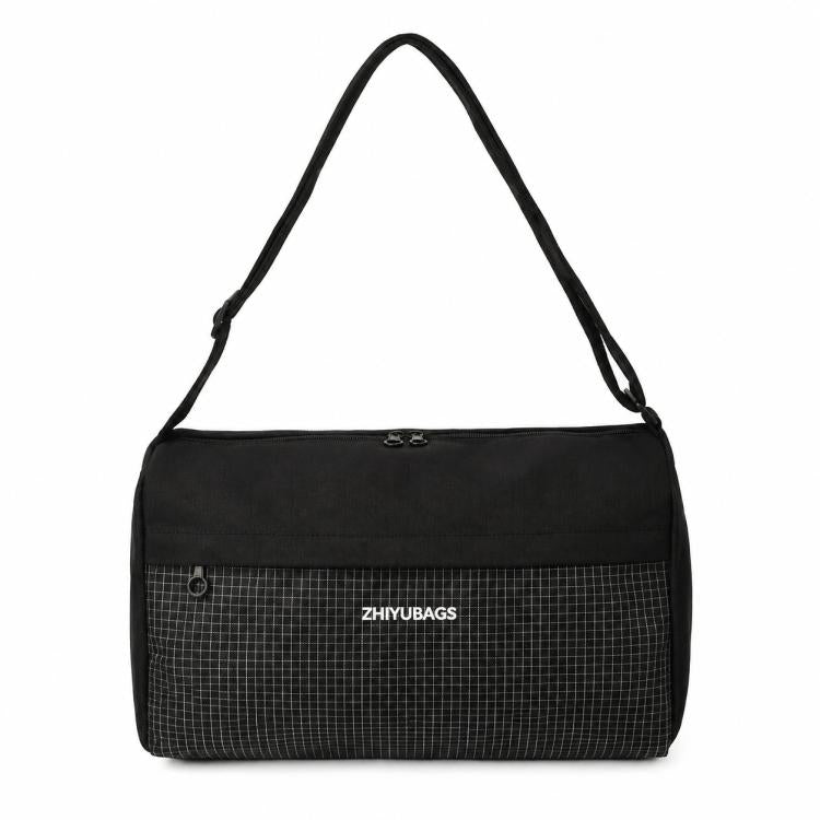 Black grid-panel crossbody gym handbag with top handle straps and zipper closure