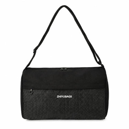 Black grid-panel crossbody gym handbag with top handle straps and zipper closure