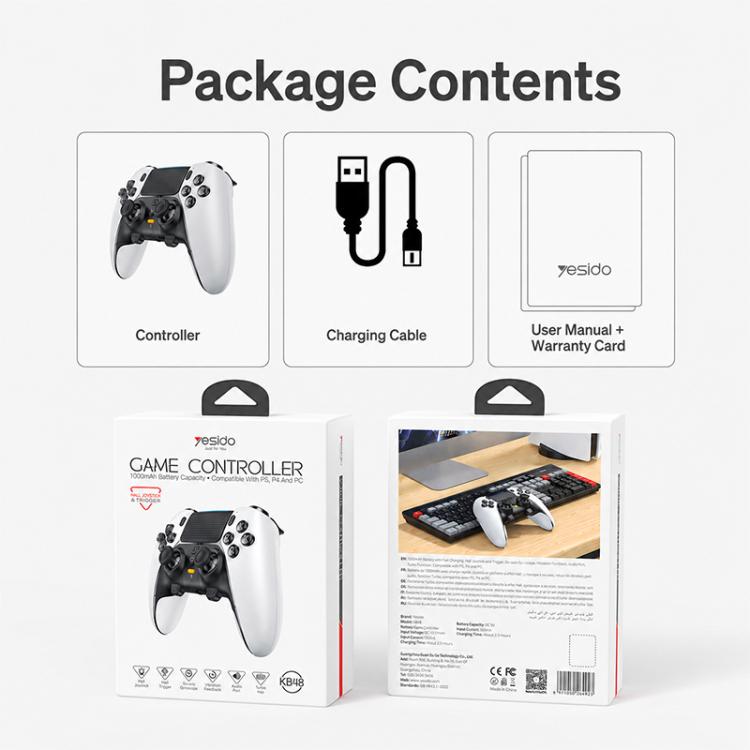 Wireless game controller package contents: controller, charging cable, user manual, warranty card