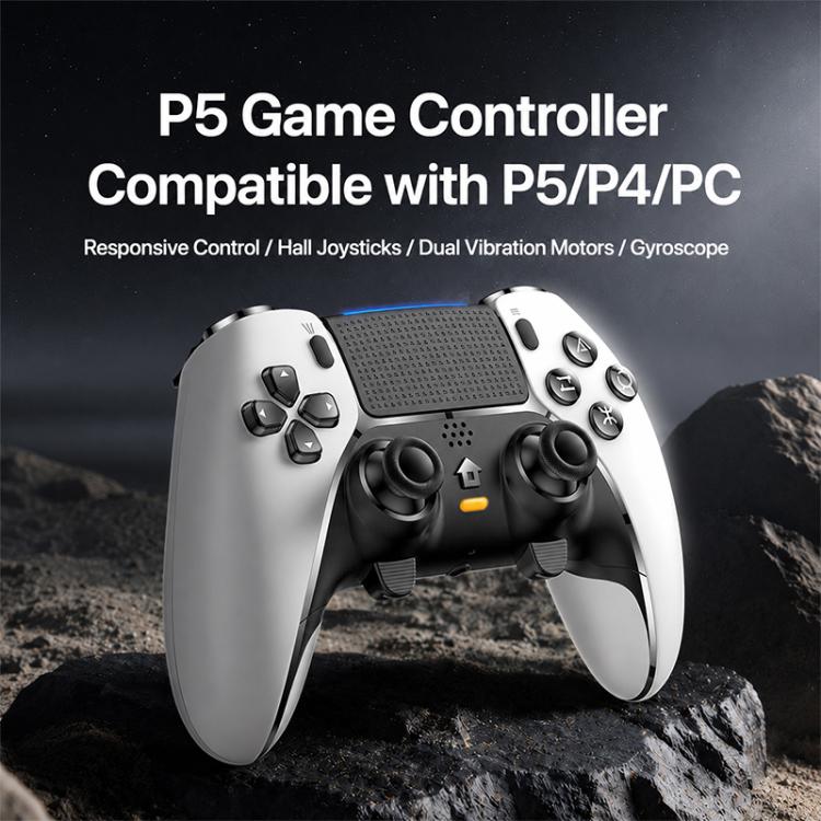 White wireless game controller with textured center panel and dual thumbsticks