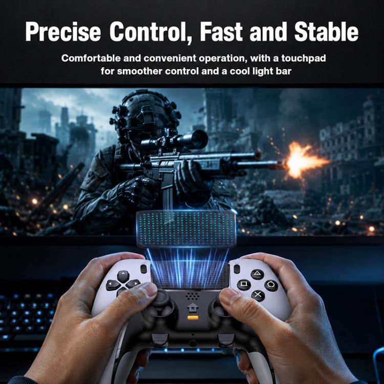White wireless game controller with textured grip and dual thumbsticks in hands