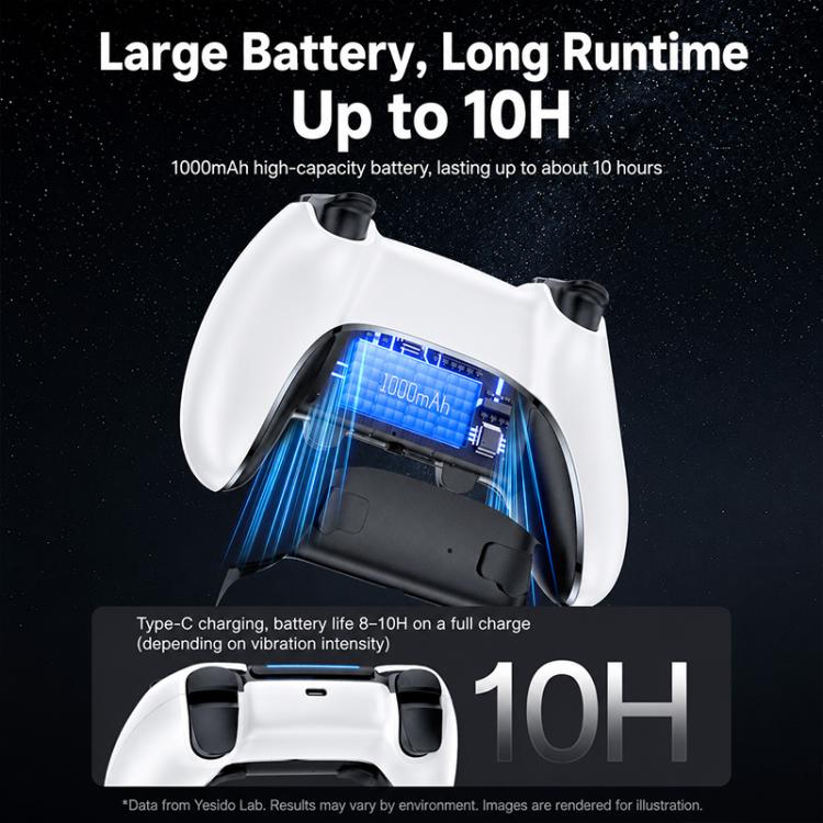 White wireless game controller showing back panel with battery indicator lights