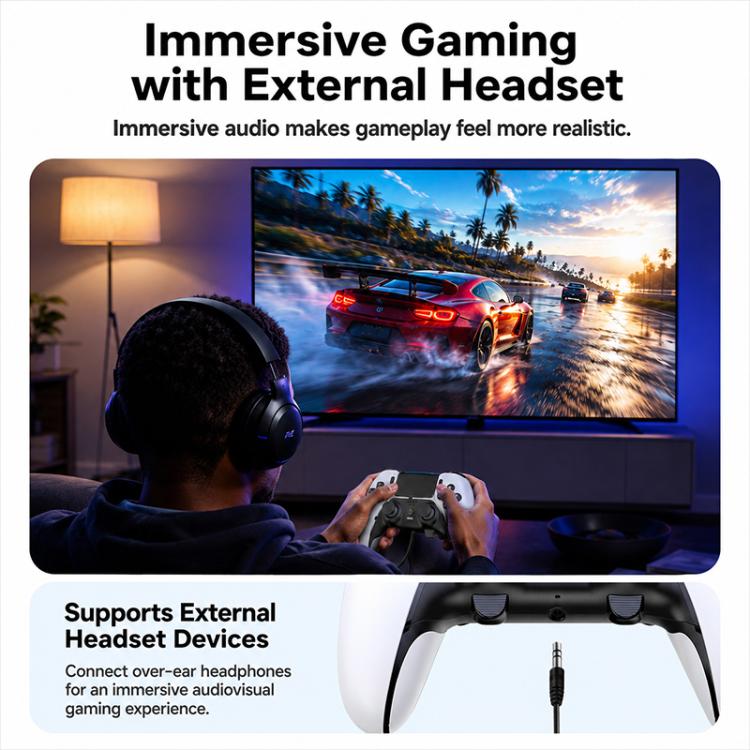 Wireless game controller with white face buttons and dual thumbsticks for TV play