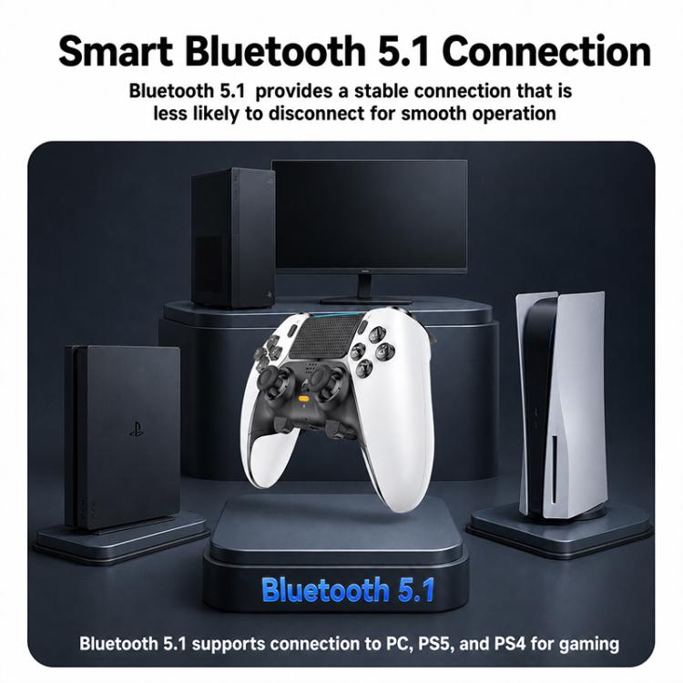 White wireless game controller with black buttons, centered on a console stand
