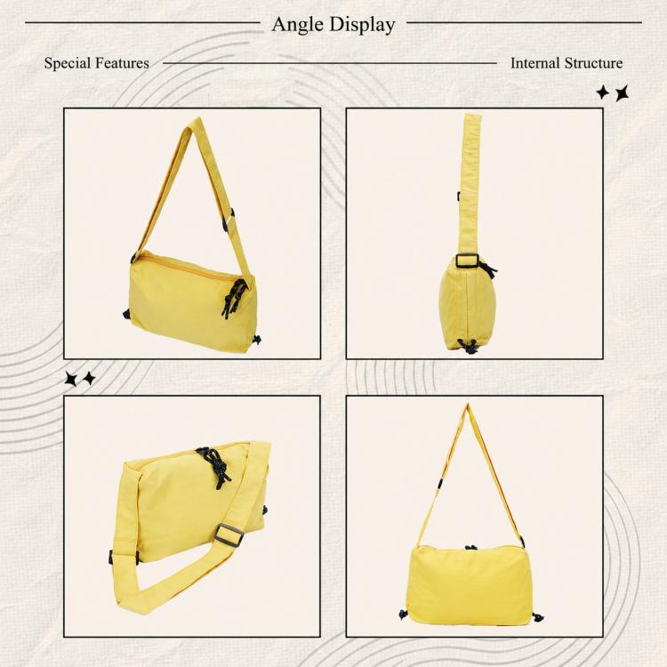 Yellow nylon drawstring crossbody bag with adjustable strap and drawstring cinch closure