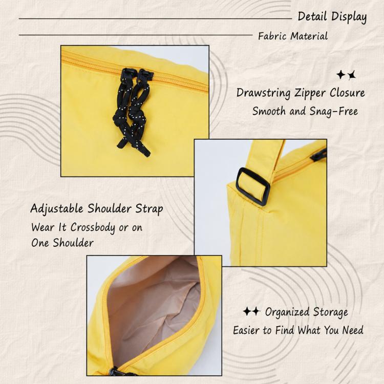 Yellow nylon drawstring crossbody bag close-up: drawstring cinch zipper and adjustable strap