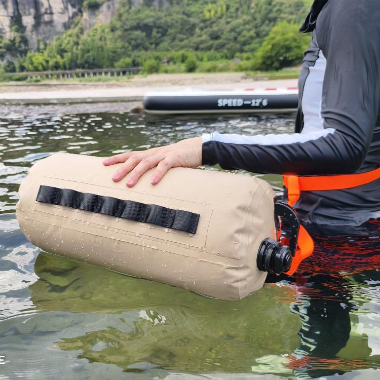 Khaki outdoor water storage bag with orange straps, roll-top and carry handle