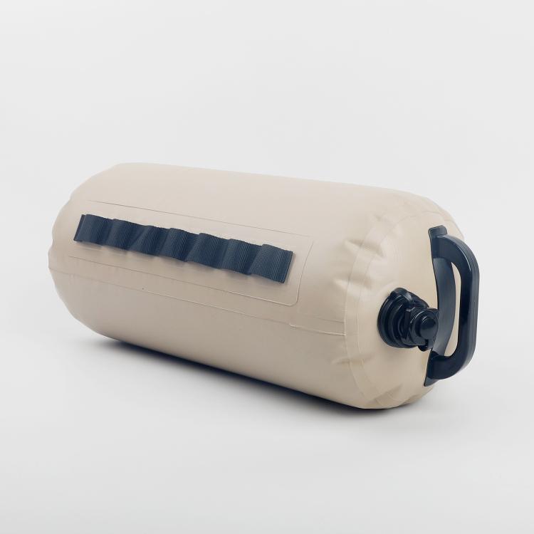 Khaki water storage bag with black strap panel and side valve with handle