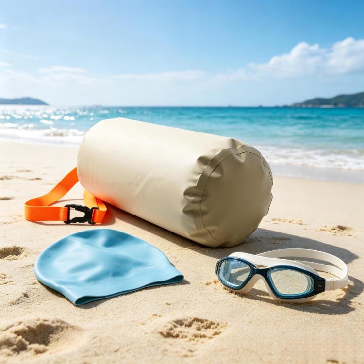 Khaki outdoor water storage bag with orange strap, set on sandy beach
