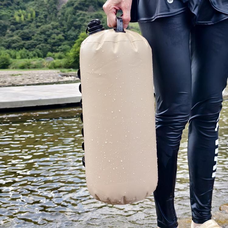 Khaki weighted water bag with screw valve and handle, carried upright