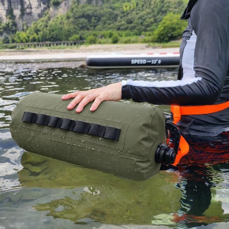 Green outdoor water storage bag with orange straps and black valve cap