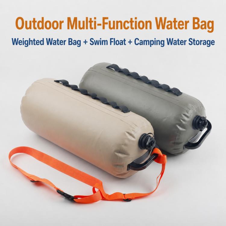 Khaki multi-purpose water bag with orange straps and black valve caps