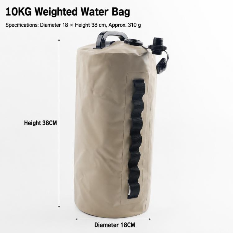 Khaki 10kg water storage bag with screw top, carry handle, and side valve