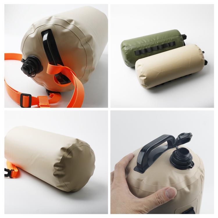 Khaki water storage bag float for tent weighting with roll-top valve and handles