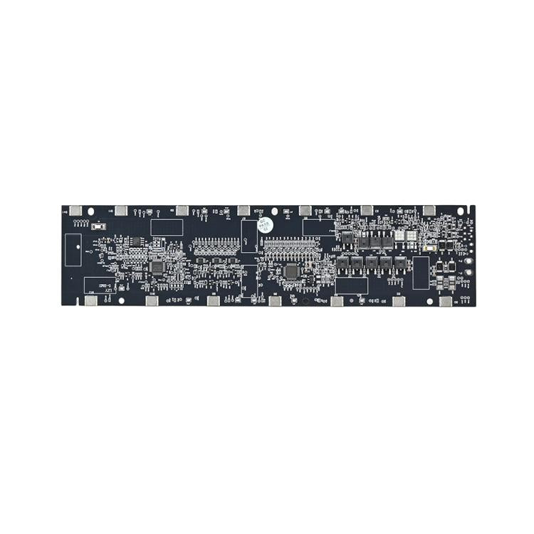 Electric scooter BMS circuit board, long black PCB with white circuit traces