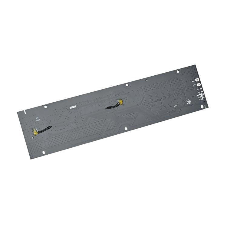 Electric scooter BMS circuit board, dark back side with mounting holes and yellow components
