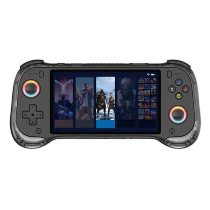 Black handheld game console with 5.5-inch screen and circular shoulder button rings