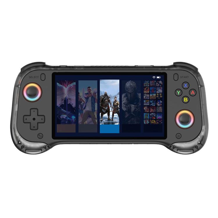 Black handheld gaming console showing game menu on the 5.5-inch display