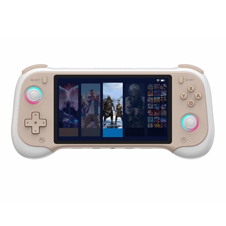 Beige handheld gaming console with 5.5-inch display and right-side action buttons