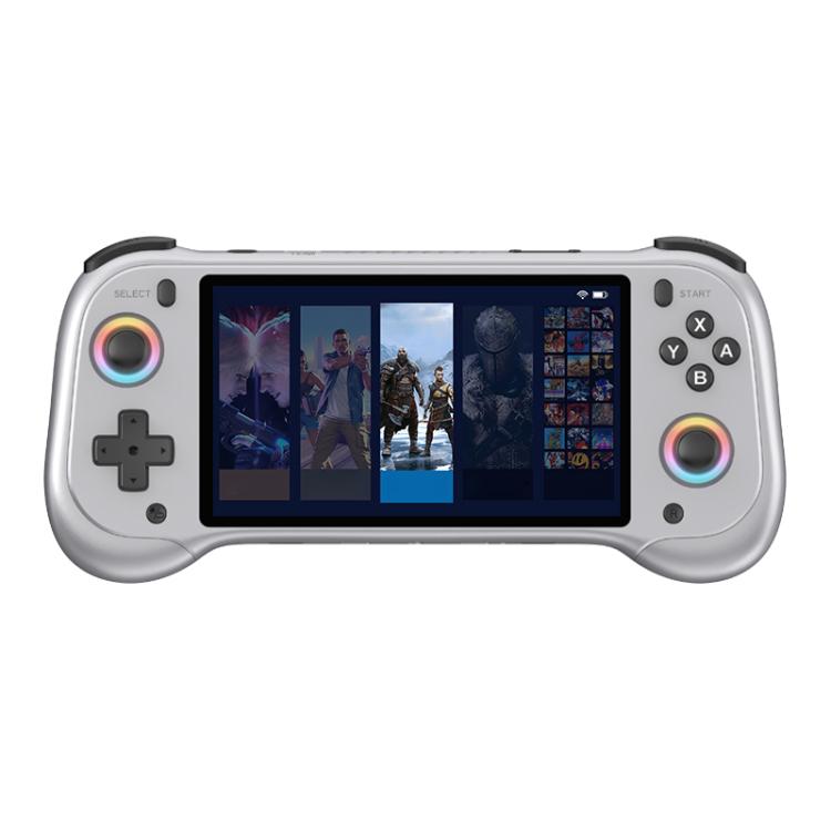 Silver handheld gaming console with 5.5-inch screen and shoulder trigger rings