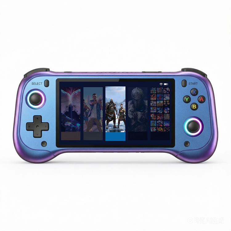Purple handheld gaming console with 5.5-inch display and ABXY button cluster