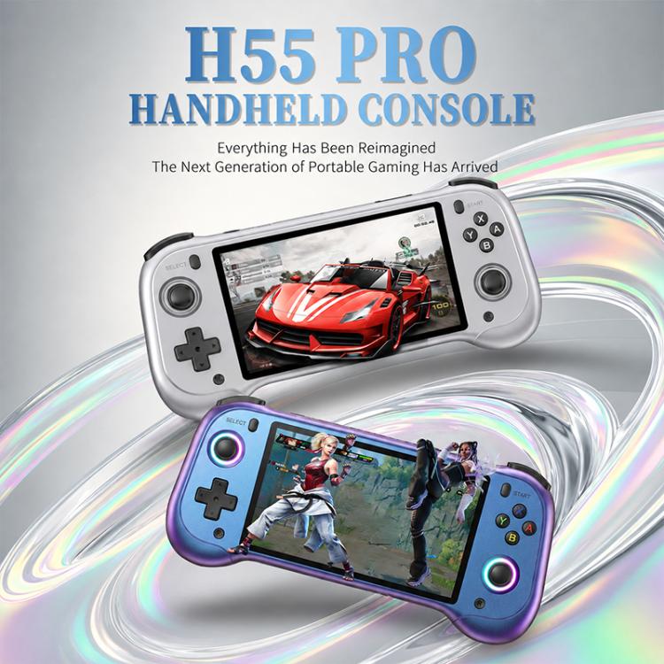 Two handheld game consoles, one white and one purple, shown front-facing with screens