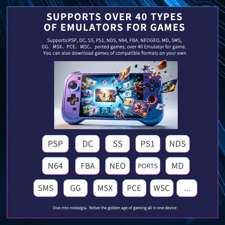 Purple handheld game console showing emulator tiles on screen with platform badges