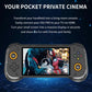 Dark gray handheld game console with colorful gameplay on screen and bright ring buttons