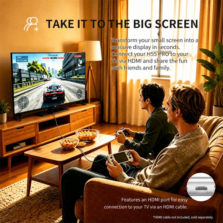 Black handheld game console with 5.5-inch IPS touchscreen showing gameplay