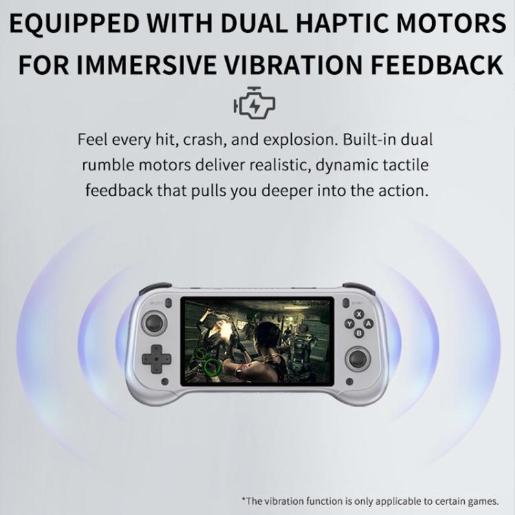 White handheld game console with dual rumble haptic vibration feedback