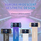 Iridescent purple-blue handheld game console with 5.5-inch screen and control buttons
