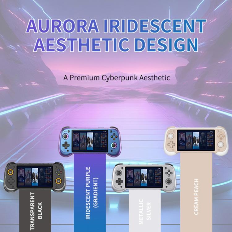 Iridescent purple-blue handheld game console with 5.5-inch screen and control buttons
