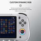 Silver handheld game console with RGB circular dial, shoulder buttons, and screen