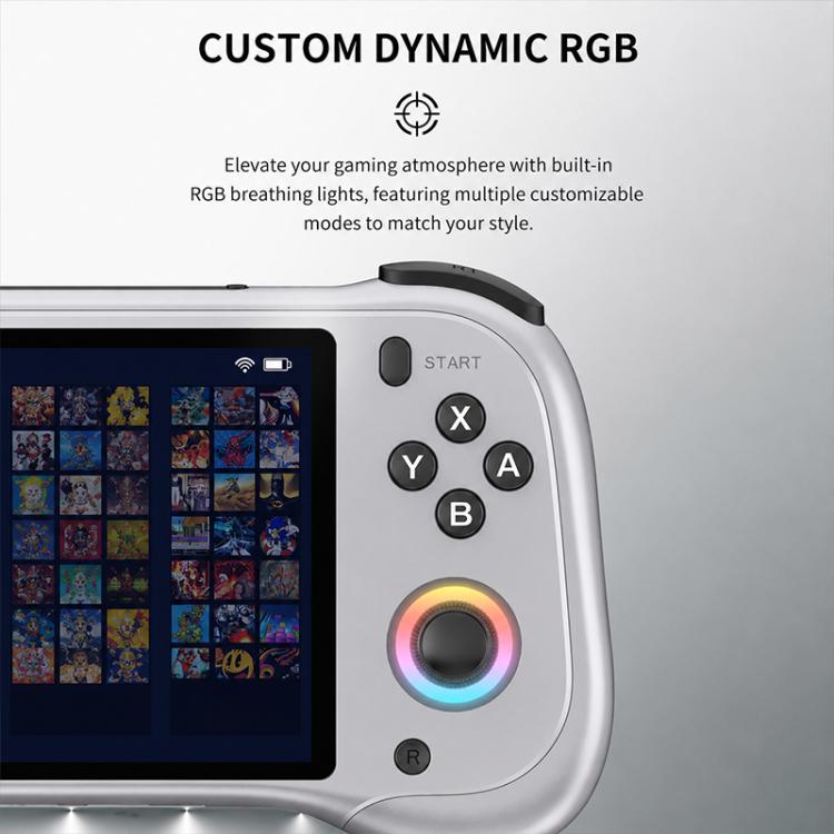 Silver handheld game console with RGB circular dial, shoulder buttons, and screen