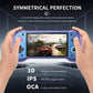 Purple-blue handheld game console held in hands, 5.5-inch IPS screen and triggers