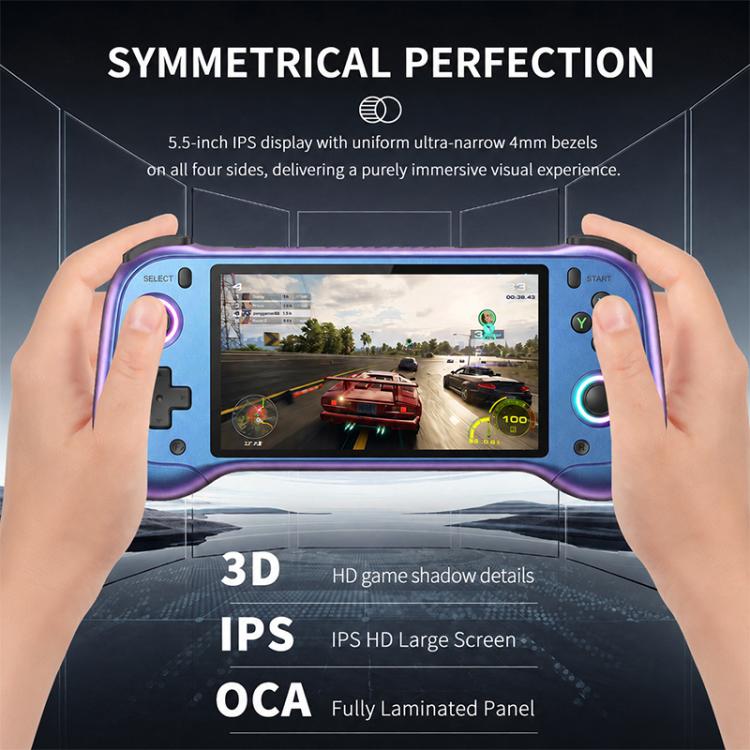 Purple-blue handheld game console held in hands, 5.5-inch IPS screen and triggers