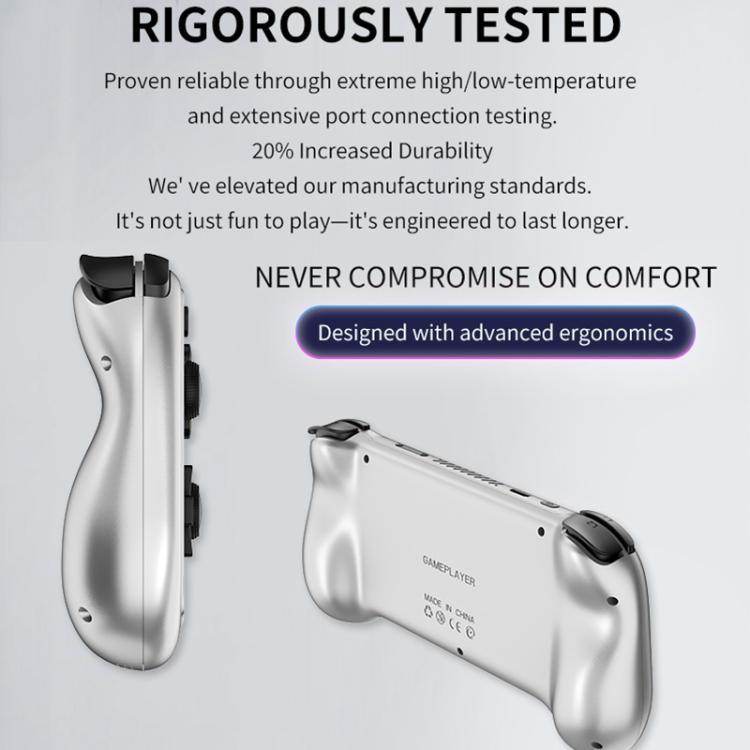 Silver handheld game console with curved grips and ergonomic controller handles
