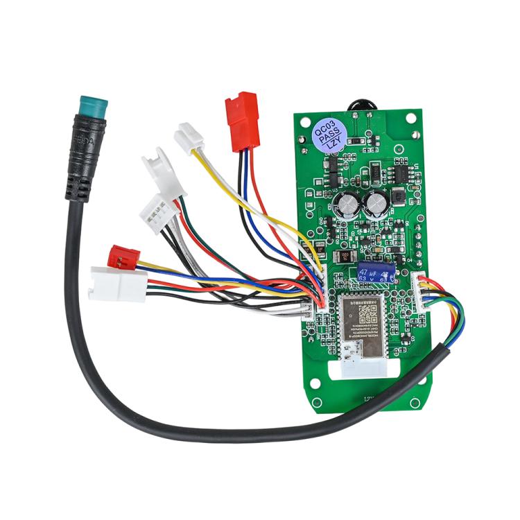 Scooter dashboard circuit board with multiple colored wire harnesses and plug connectors