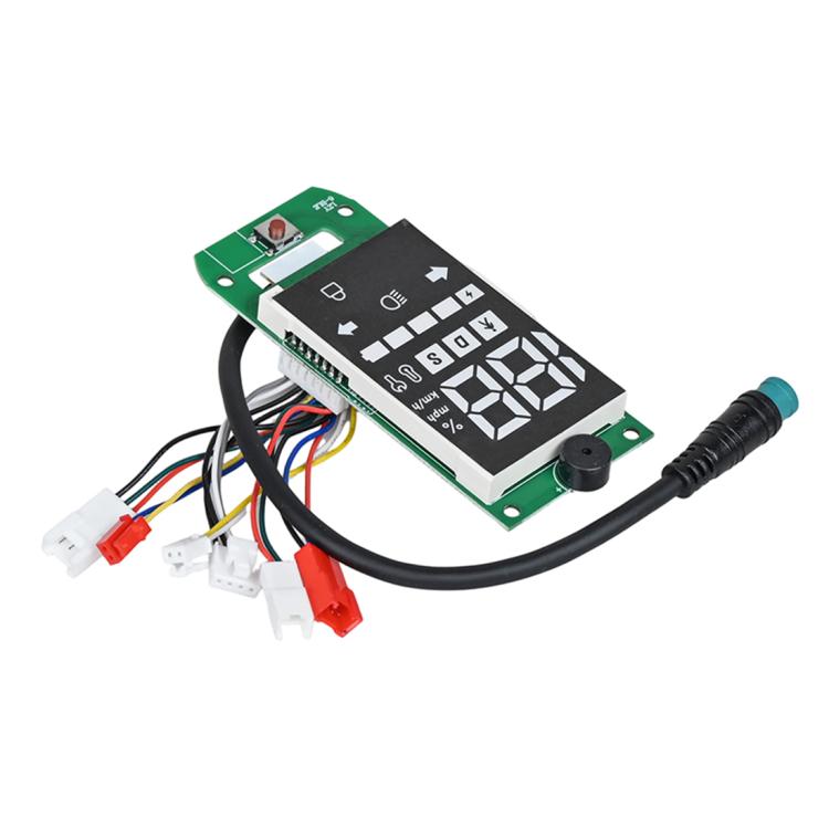 Dashboard display PCB with LCD panel and ribbon connector on green board