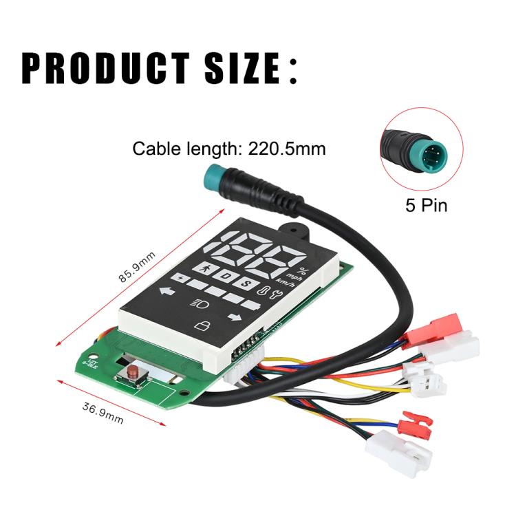 Dashboard display board size diagram with cable length 220.5mm and 5-pin connector