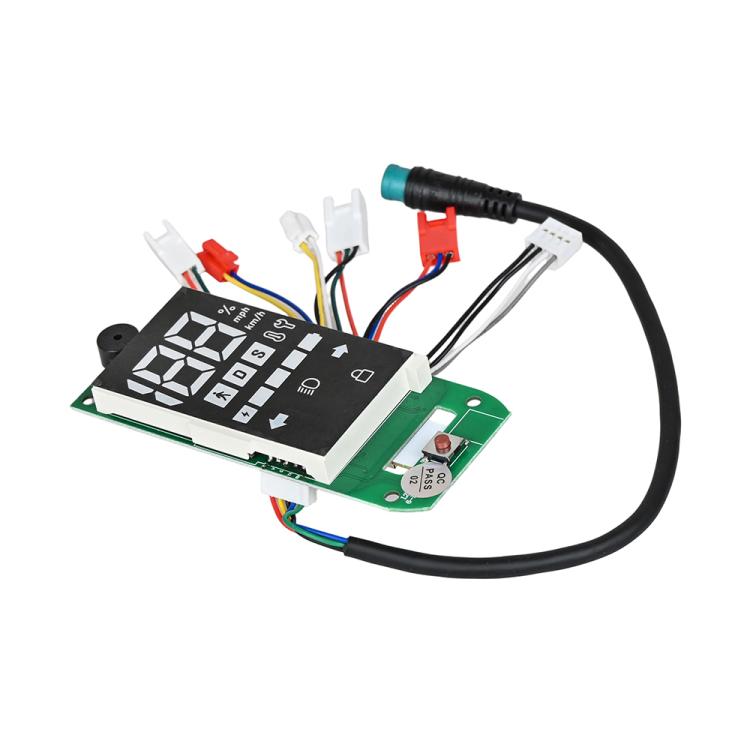 Electric scooter speedometer circuit board with connector cables and display panel