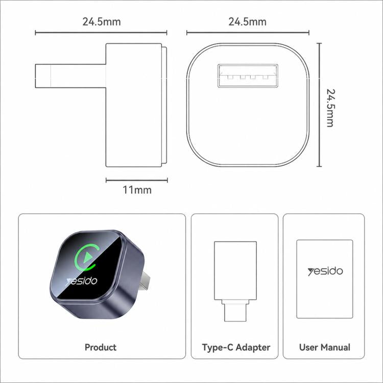 Yesido mini CarPlay adapter with Type-C connector and user manual