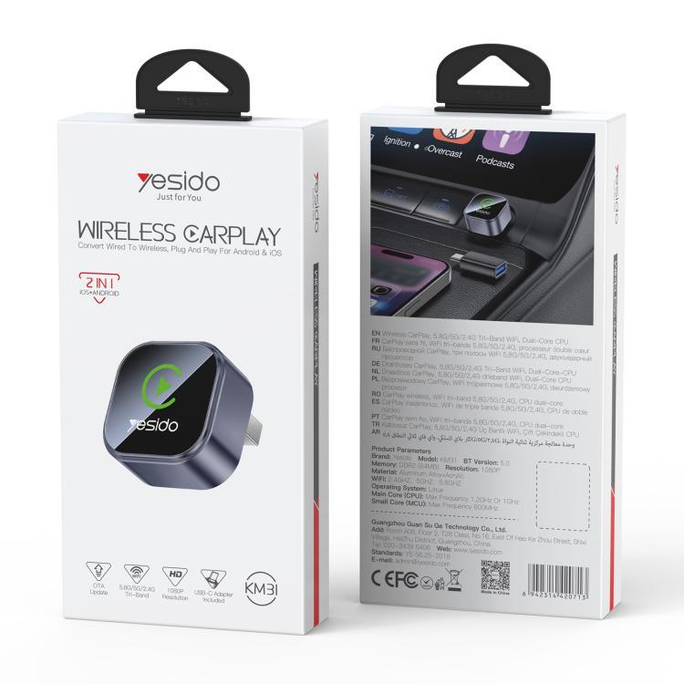 Yesido Wireless CarPlay adapter retail box featuring the mini adapter device