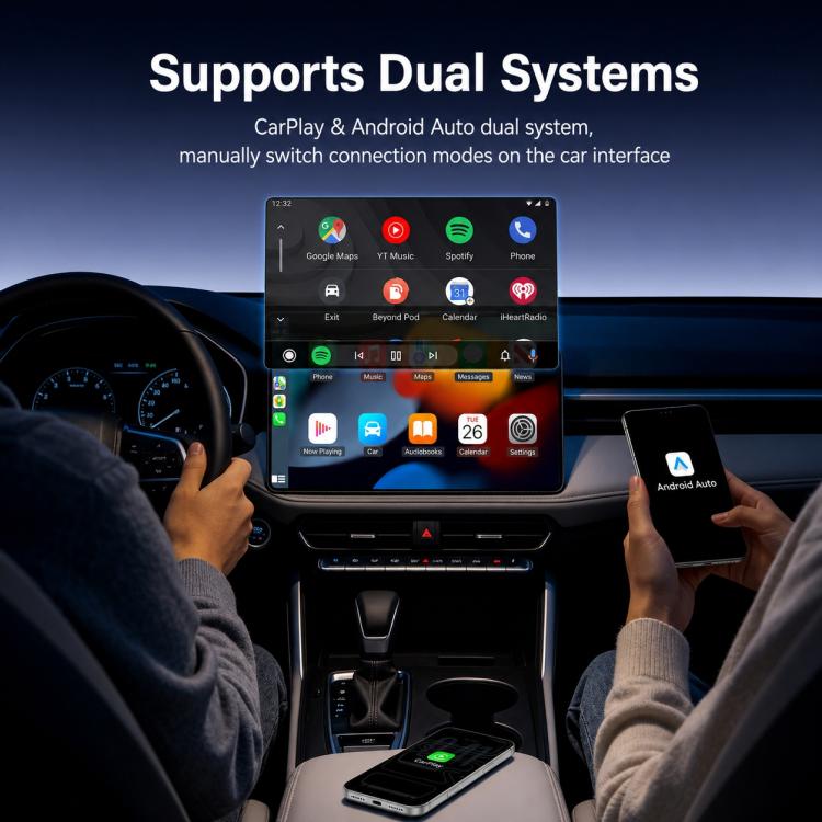 Yesido dual system car adapter connected to in-dash screen, mini dark device on console