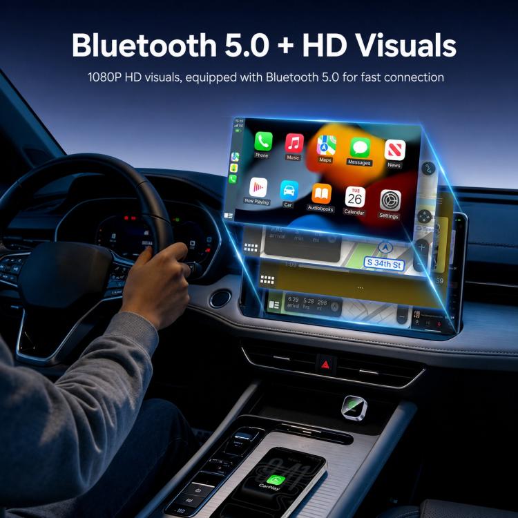 Yesido Bluetooth car adapter on console beside in-dash display, dark gray device